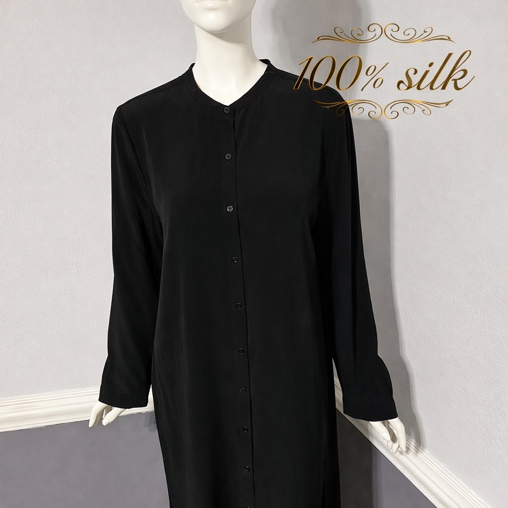 Eileen Fisher Silk Midi Button Up Shirt Dress Side Slit Long‎ Sleeve Size S
